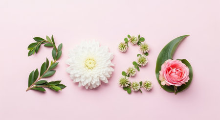 Creative layout made of white flowers and green leaves on pink background. Flat lay, top view.の素材