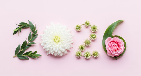 Creative concept photo of 2023 new year made of white flowers on pink background.の素材