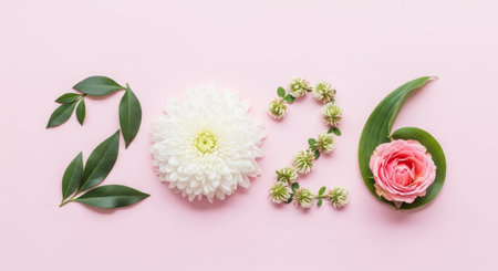 2022 Happy New Year with white flowers on pink background. Flat lay, top viewの素材