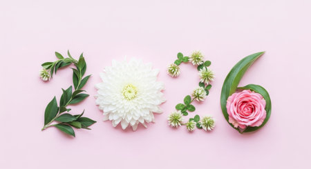Creative layout made of white flowers and green leaves on pink background. Flat lay, top viewの素材