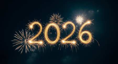 Happy new year 2016 written with Sparkle firework on black sky backgroundの素材