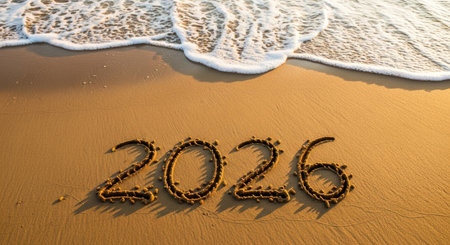 Happy New Year 2016 written in sand on a beach with sea waveの素材