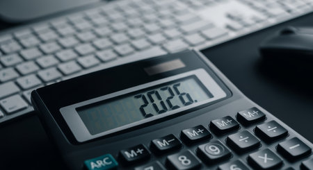 Calculator with digital display on the table. Business concept.の素材