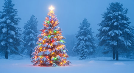 Christmas tree in the winter forest. New Year and Christmas background.の素材