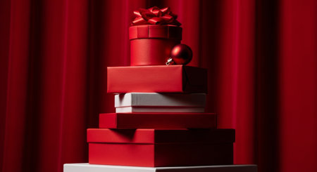 Red gift box with red ribbon and christmas ball. 3D renderingの素材