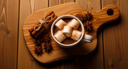 Hot chocolate with marshmallows and cinnamon on a wooden background.の素材