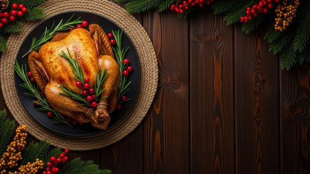 Roasted chicken with rosemary and cranberries on wooden background. Top view with copy spaceの素材