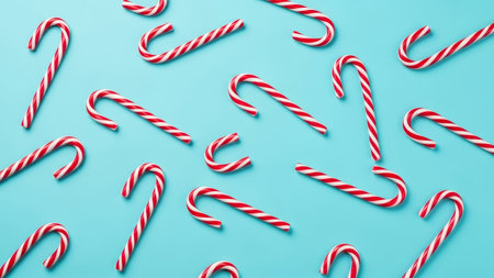 Candy canes on blue background, top view. Christmas backgroundの素材