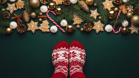 Woman in Christmas socks and Christmas decorations on green background. Top view.の素材