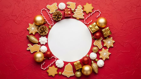 Christmas background with gingerbread cookies on red background. Top view with copy spaceの素材