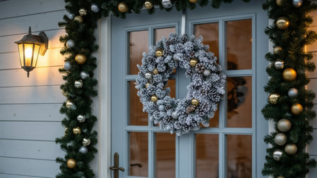 Christmas wreath on the door of a house with Christmas decorations.の素材