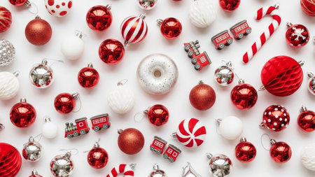 Christmas background with red and white decorations on white background. Flat lay, top view.の素材