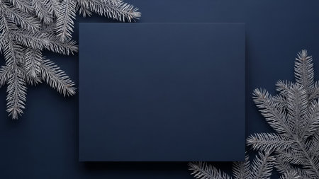 Christmas greeting card mockup with silver fir branches on blue background. Flat lay, top view, copy space.の素材