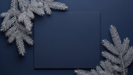 Christmas card mockup with silver fir tree branches on blue background. Top view, flat lay.の素材