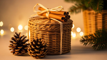 Christmas wicker basket with cinnamon sticks and pine cones on white backgroundの素材