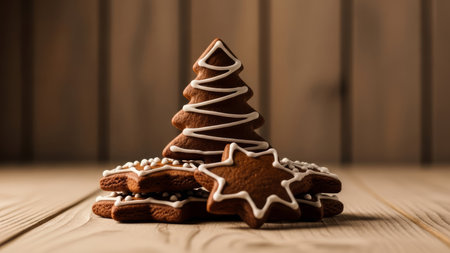 Christmas gingerbread tree on wooden background. Festive food concept.の素材