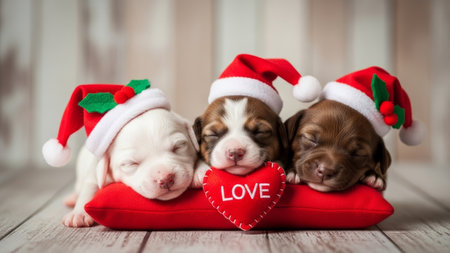 Group of three cute puppies in christmas hat with red heart on white wooden backgroundの素材