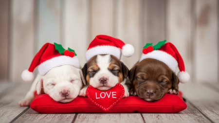Adorable Beagle puppies in red christmas hats with red heartの素材