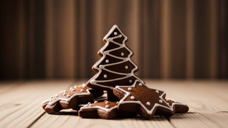 Christmas cookies in the form of a Christmas tree on a wooden backgroundの素材