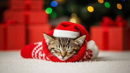 Cute kitten in santa hat sleeping on christmas background.の素材
