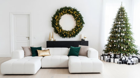 Christmas tree with green wreath and white sofa in the white roomの素材
