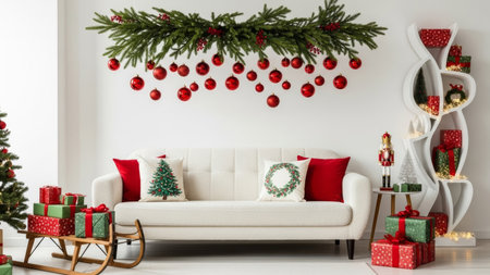 Interior of modern living room with white sofa, Christmas tree and presentsの素材