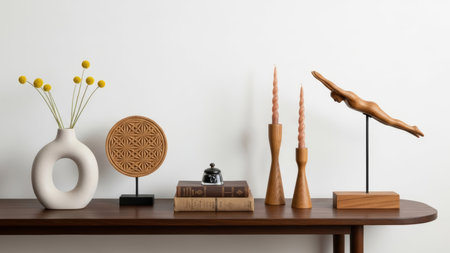 Interior of a living room with a wooden shelf, a vase with yellow flowers and a candle. 3d renderingの素材