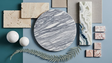 Flat lay composition with natural stone products on blue and gray backgroundの素材