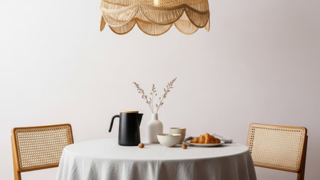 Modern dining room interior with table, chairs and croissants on white backgroundの素材