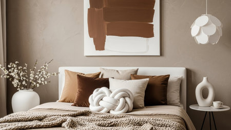 Modern bedroom interior with beige and brown bedding and pillowsの素材