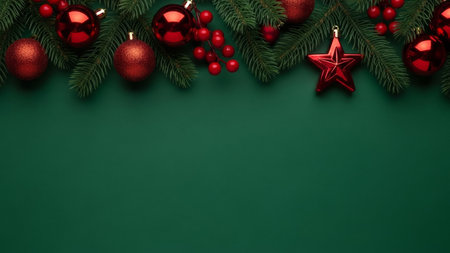 Christmas background with fir tree branches, red balls and berries on greenの素材