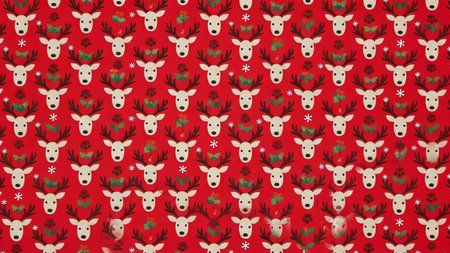 Seamless pattern with reindeer and snowflakes on red backgroundの素材