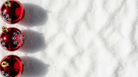 Christmas background with red baubles and snowflakes on snowの素材