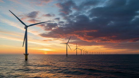 An image of wind turbines in the sea at sunset. Nature backgroundの素材