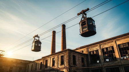 Cable car in the center of the city at sunset. Toned.の素材