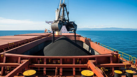 Loading bulk cargo of iron ore by ship cranes and grabs at the port. Seascape.の素材