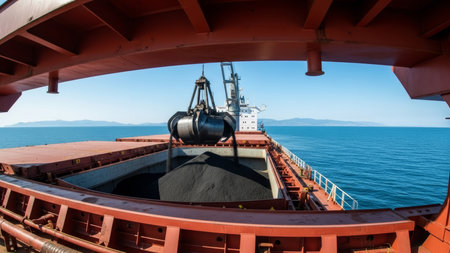 Cargo ship on the Black sea in Sochi, Russia. View from the deck.の素材