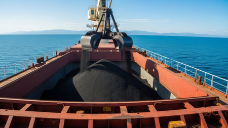 A large bulk carrier is being loaded with coal at the port.の素材