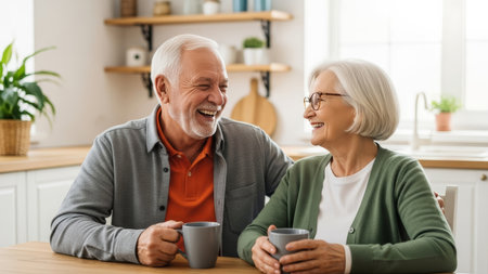 cheerful senior man and woman holding cups of coffee at homeの素材