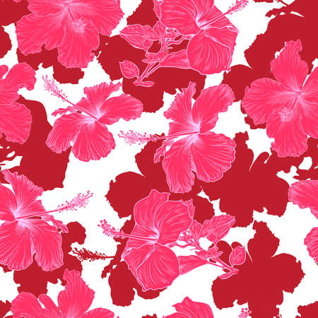 Seamless pattern with hibiscus. Repeating texture with red drawn flowers on the white background.Vector illustration.のイラスト素材