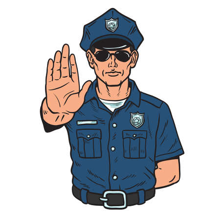Police officer is making stop sign with hand, isolated On White Background,Vector...