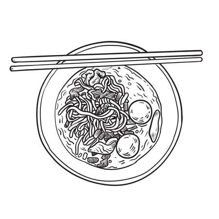 noodles bowl cartoon vector and illustration, black and white, hand drawn, sketch style, isolated on white background.のイラスト素材