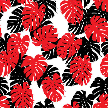 Seamless pattern with Philodendron. Repeating texture with red drawn leaf  on the white background.Vector illustration.のイラスト素材