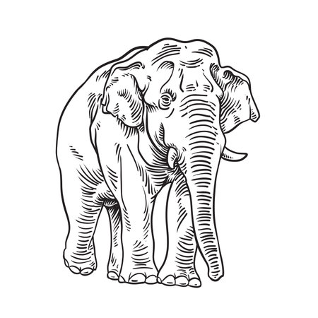 Hand drawn sketch of asian elephant illustration done in black ink and isolated on white backgroundのイラスト素材
