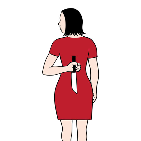 Woman hiding knife behind back ready to betray or attack. Vector illustration.のイラスト素材