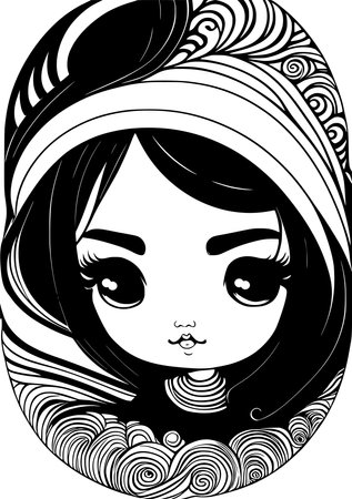 Black and White Cartoon Illustration of Beautiful Girl with Long Hairのイラスト素材