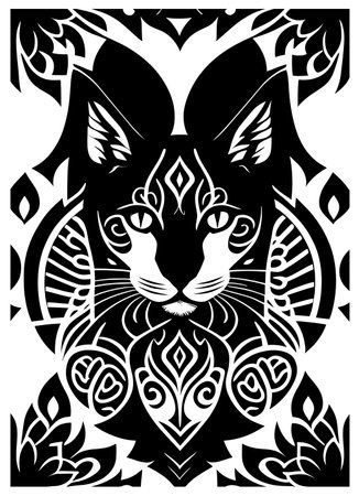 Black and white cat with tribal ornaments. Vector illustration.のイラスト素材