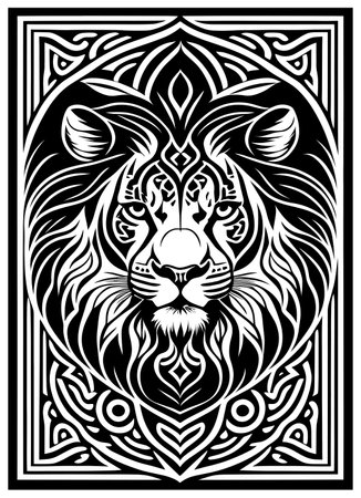 Lion head in tribal ethnic style. Black and white vector illustration.のイラスト素材