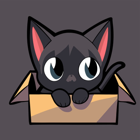Cute cartoon black cat peeking out of the box. Vector illustration.のイラスト素材