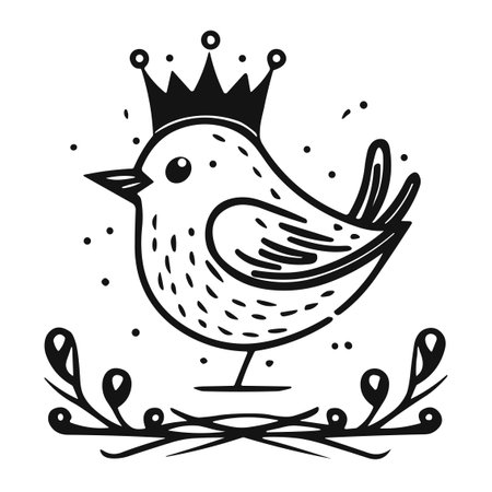 cute little bird with crown in black and white vector illustration graphic designのイラスト素材